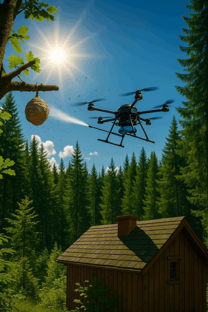 Drone appliquant un insecticide sur un nid de frelons en hauteur