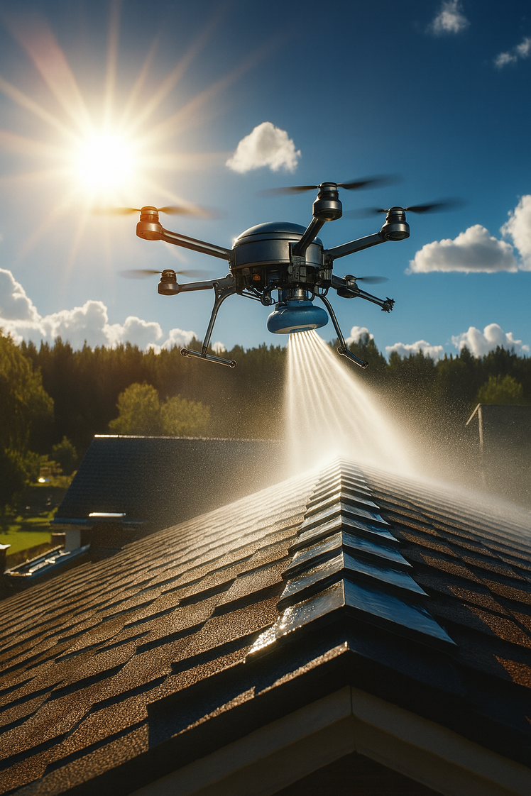 Drone pulvérisant un traitement anti-mousse sur des tuiles