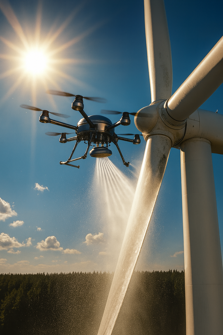 Drone en vol nettoyant une pale d’éolienne