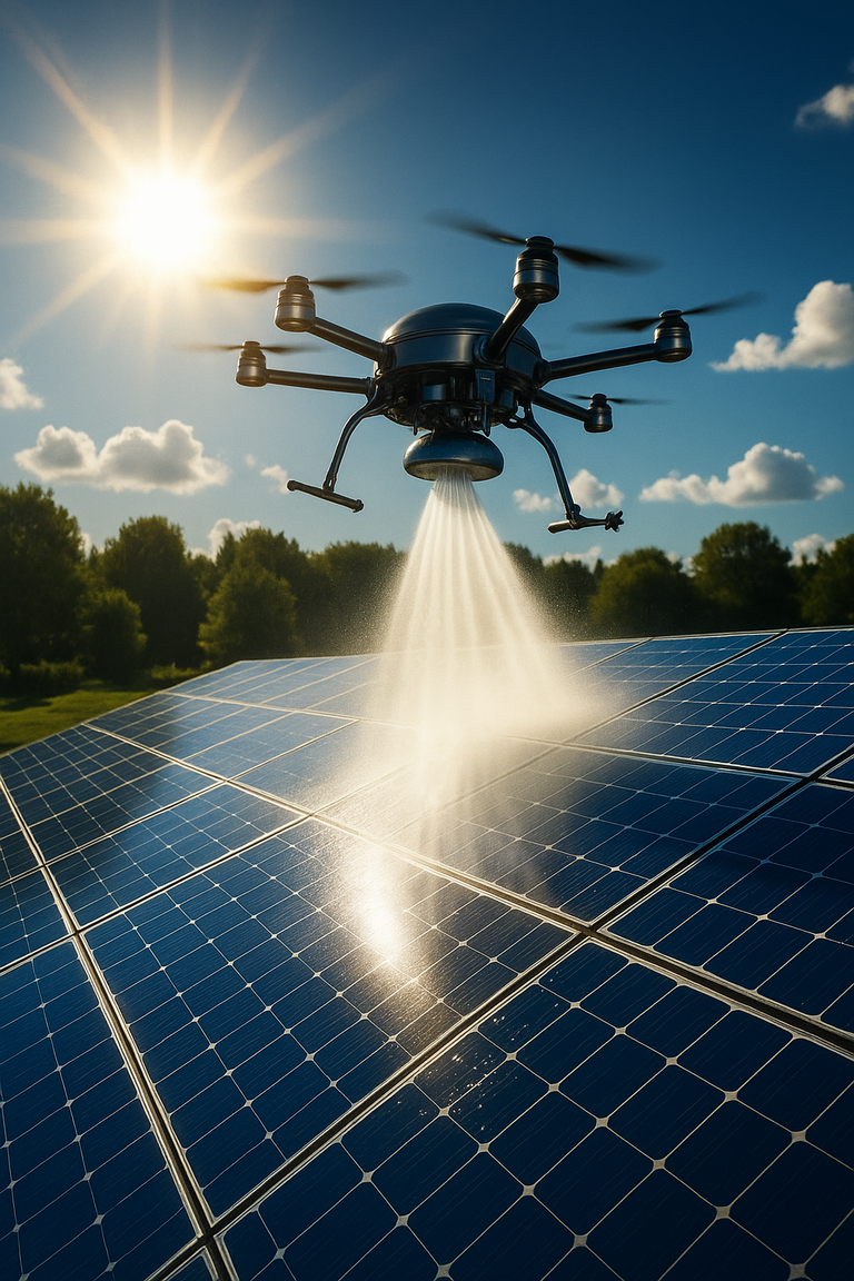 Drone nettoyant des panneaux solaires sur une toiture